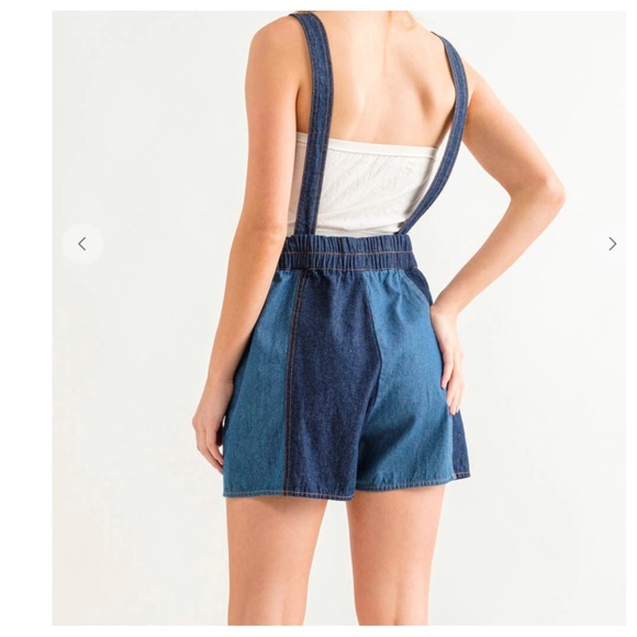 14 Retro Denim Color Block Suspender Romper - Picture 2 of 6
